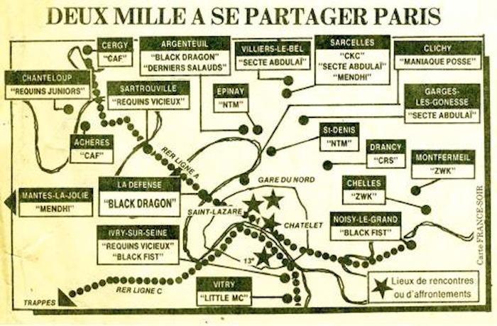 Carte des bandes dans Paris à la fin des années 80 publiée par France Soir