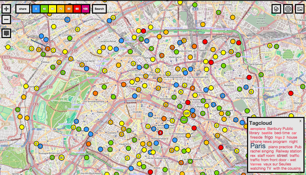 carte de Paris avec des points de couleurs pour illustrer la pollution sonore