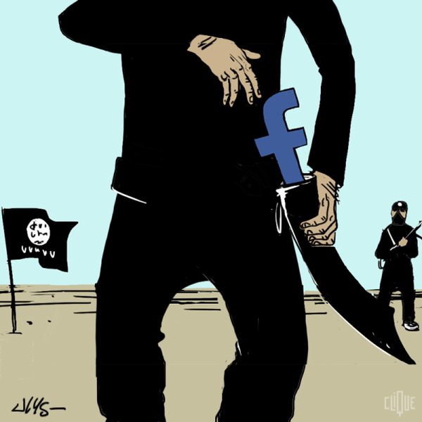 Dessin d'un membre de l'état islamique qui a une arme en forme du signe de facebook