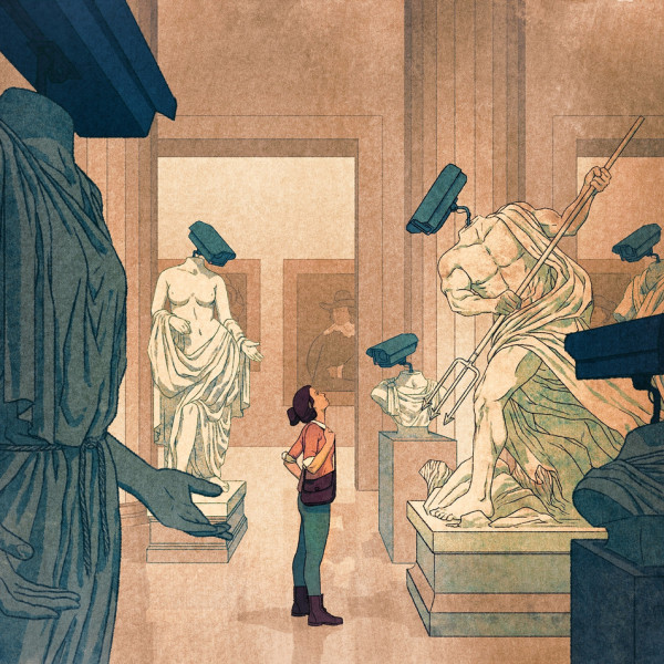 illustration de Morgan Schweitzer d'un musée avec des caméras à la place des têtes des statues