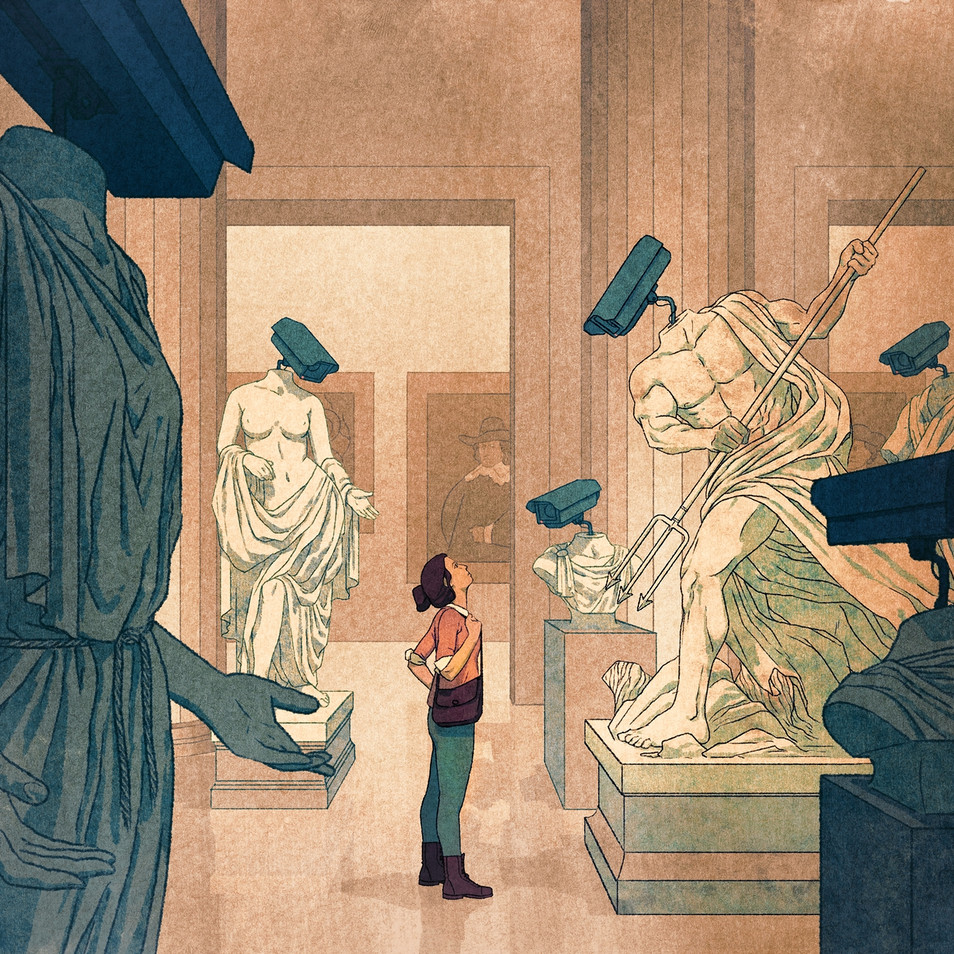 illustration de Morgan Schweitzer d'un musée avec des caméras à la place des têtes des statues
