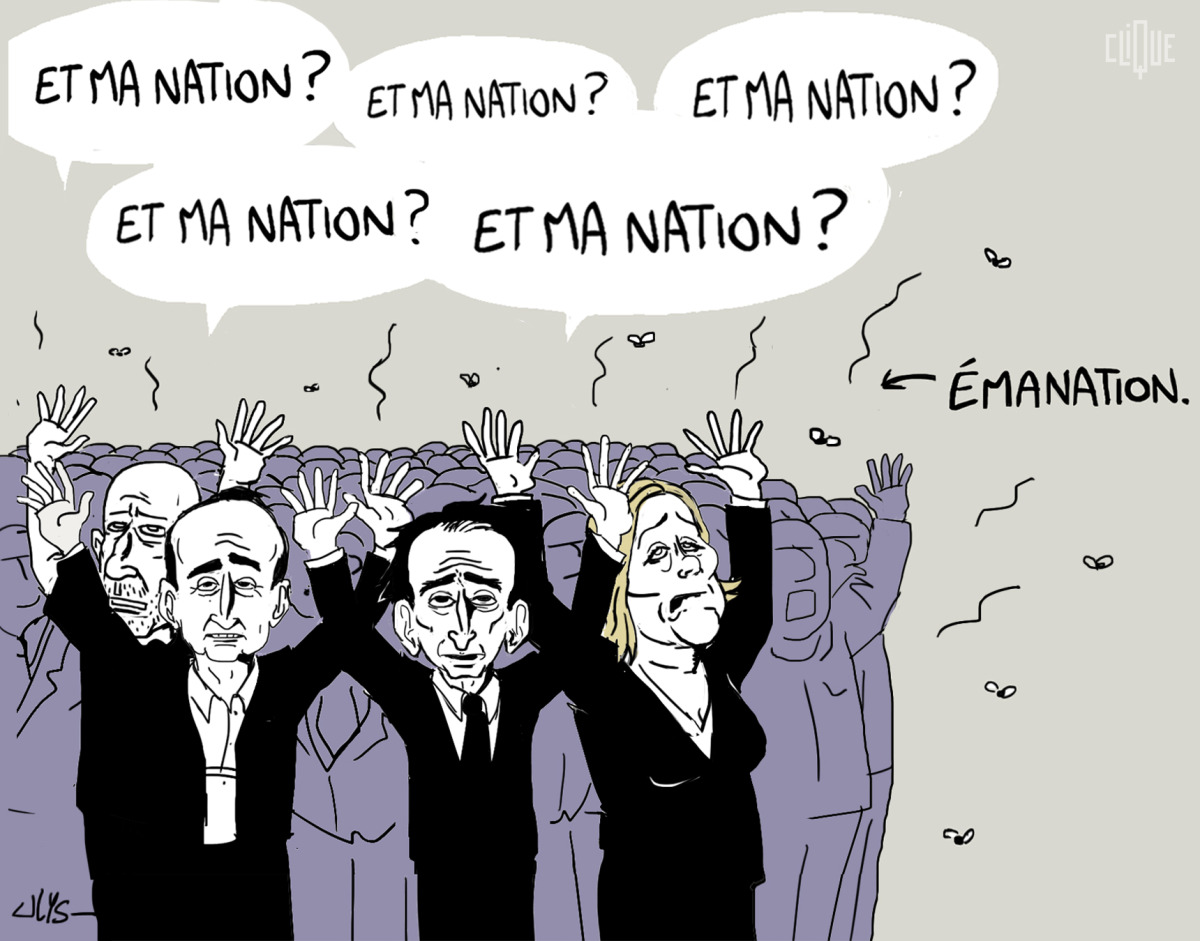 Dessin caricature FN nation odeur avec Marine Le Pen, Alain Soral, Robert Ménard et Eric Zemmour