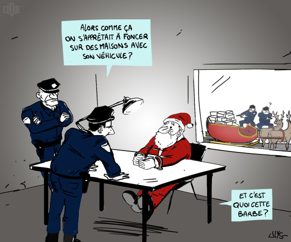Dessin humour du père noêl en garde à vue avec des policiers