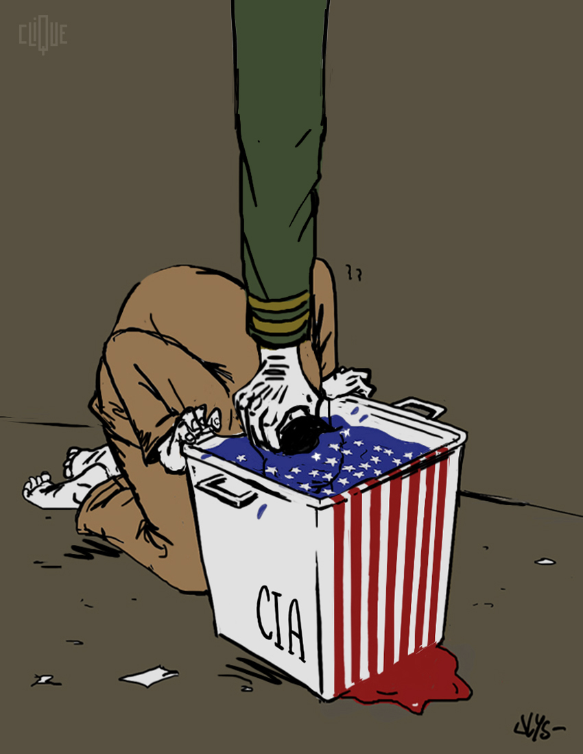 Dessin d'un prisonnier la tête dans sceau CIA avec les drapeau des États Unis