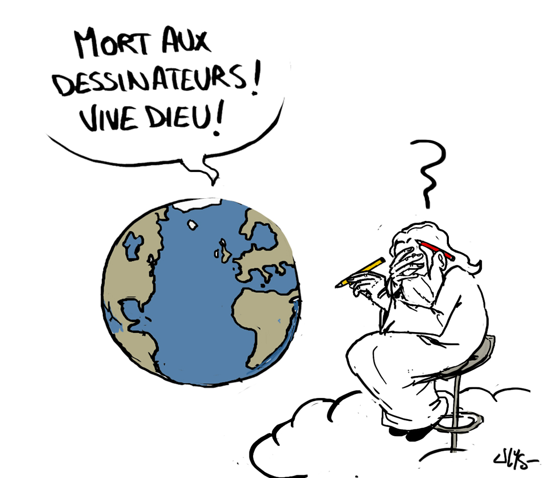 Dessin de soutien à Charlie Hebdo avec Dieu "Mort aux dessinateurs, vive dieu"