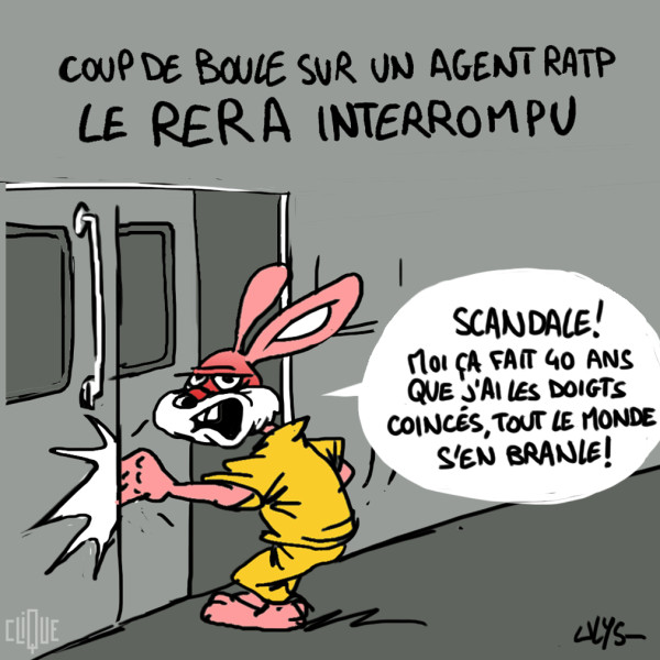 illustration du petit lapin qui se fait coincer les doigts dans les portes du rer A metro