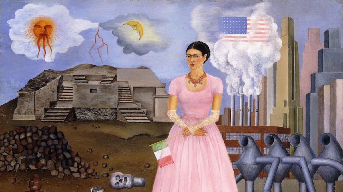 Oeuvre autoportrait de l'artiste Frida Kahlo partagé entre le Mexique d'un côté, les Etats-Unis de l'autre